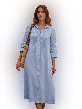 Calypso St. Barth Linen Blend Button Front Midi Shirt Dress Blue Size Small NWT